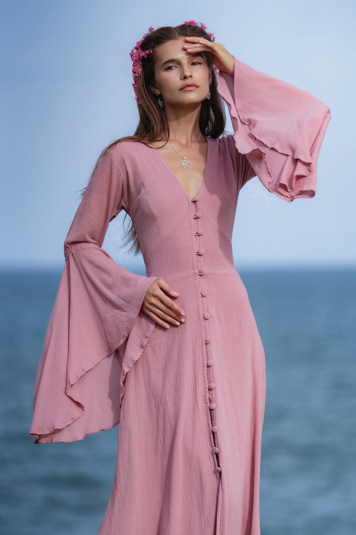 Dusty Pink Elven Dress • Bell Sleeve Boho Fairy Gown • Organic Cotton Maxi Bridesmaid Dress