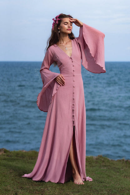 Dusty Pink Elven Dress • Bell Sleeve Boho Fairy Gown • Organic Cotton Maxi Bridesmaid Dress