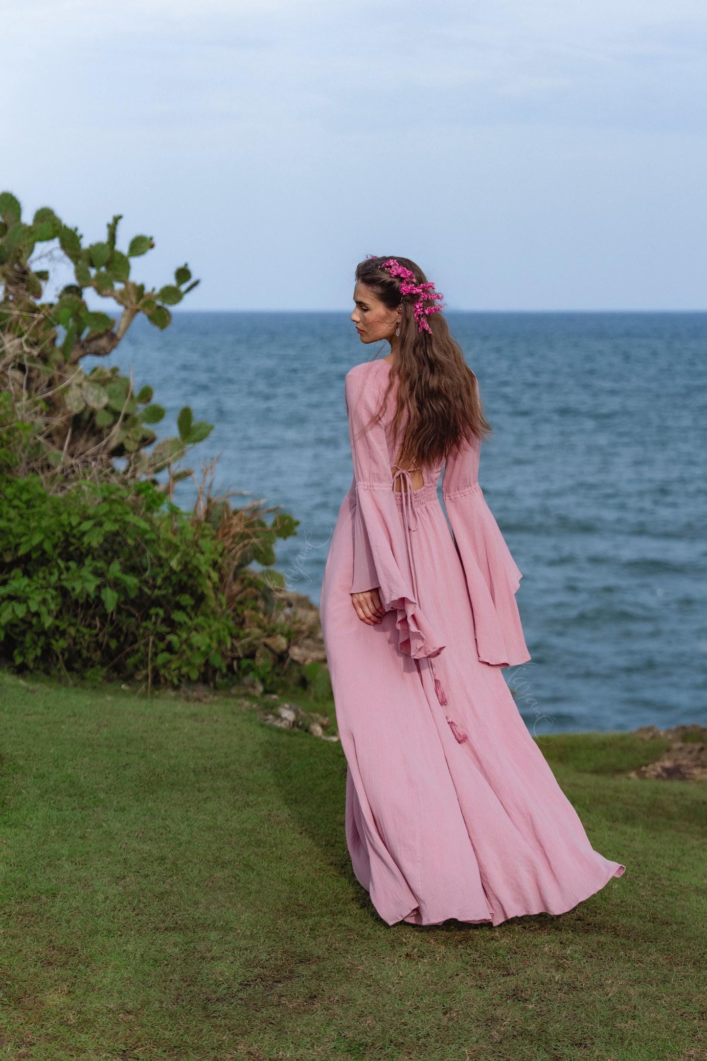 Dusty Pink Elven Dress • Bell Sleeve Boho Fairy Gown • Organic Cotton Maxi Bridesmaid Dress