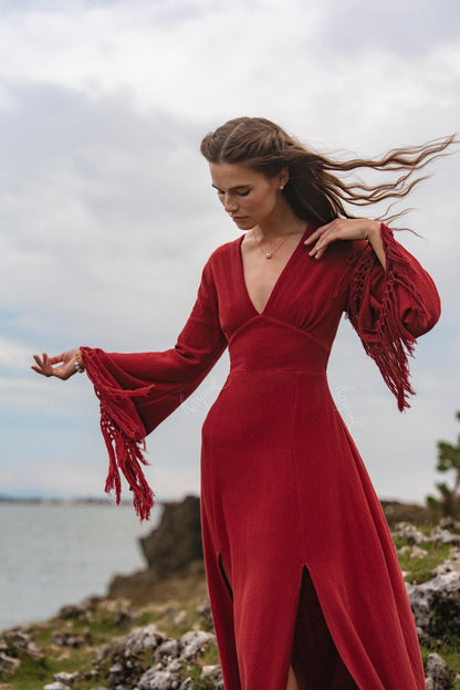 RED GODDESS DRESS • Backless boho maxi dress  • Deep V Priestess Gown • Fringe sleeve evening dress
