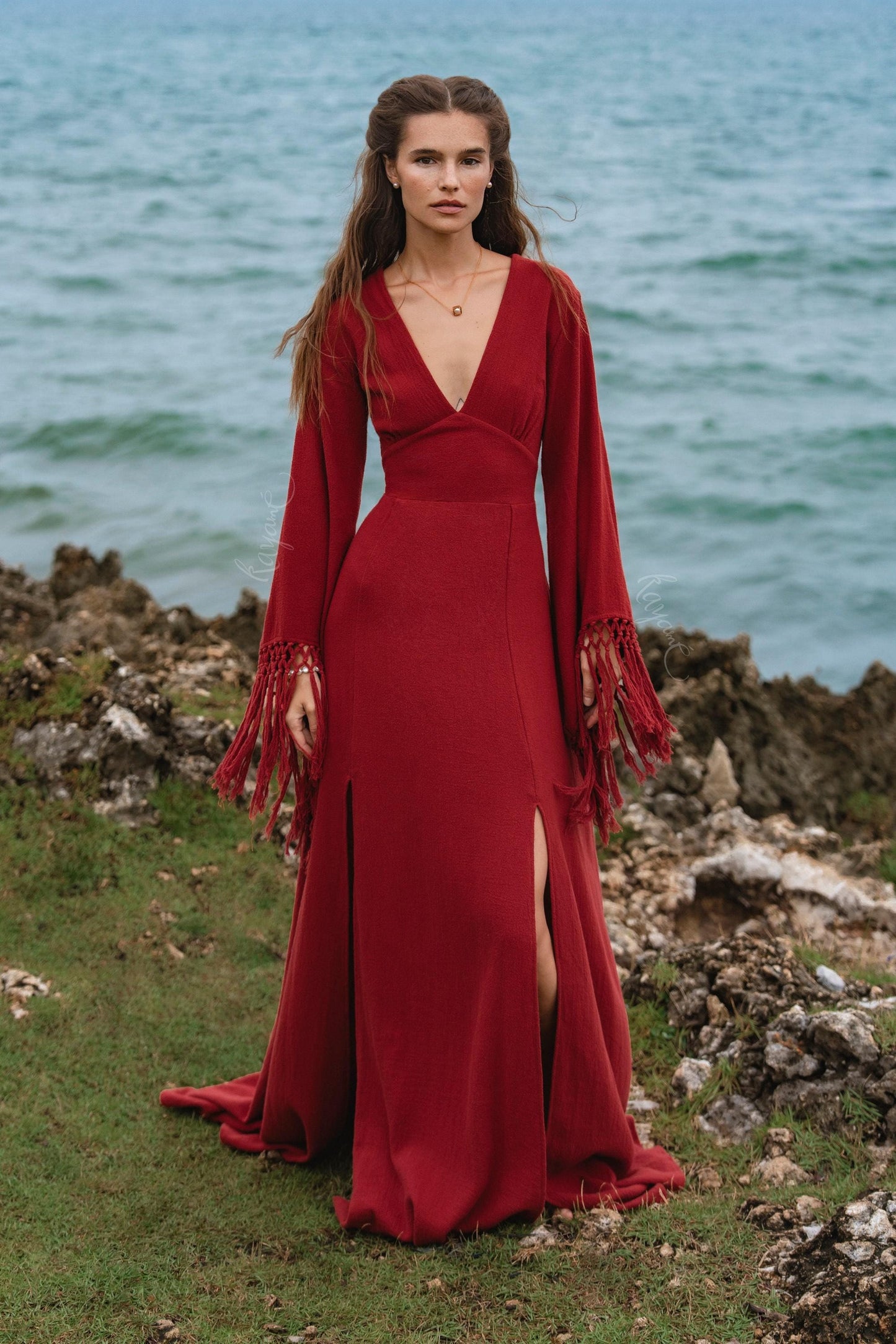 RED GODDESS DRESS • Backless boho maxi dress  • Deep V Priestess Gown • Fringe sleeve evening dress