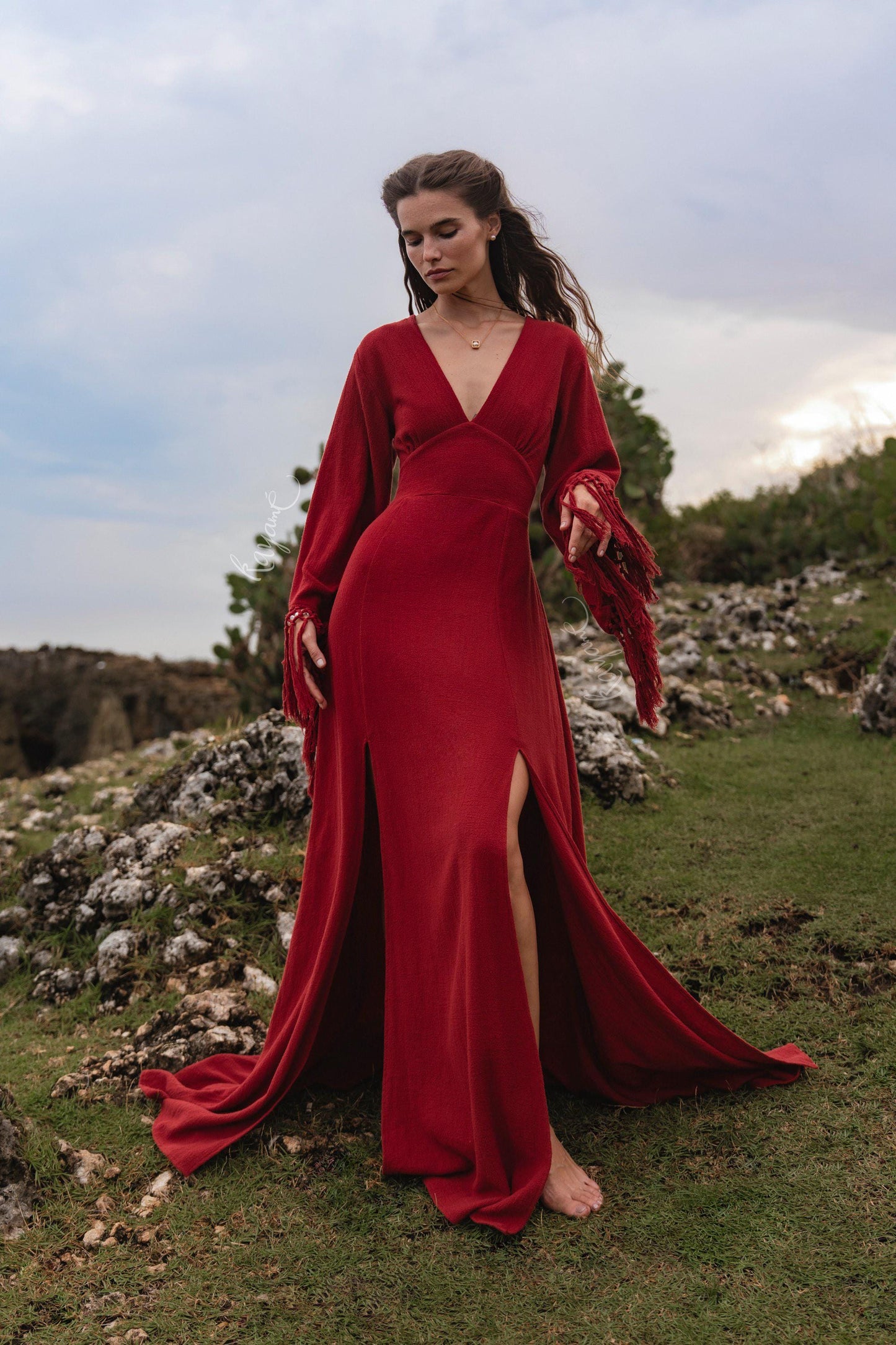 RED GODDESS DRESS • Backless boho maxi dress  • Deep V Priestess Gown • Fringe sleeve evening dress