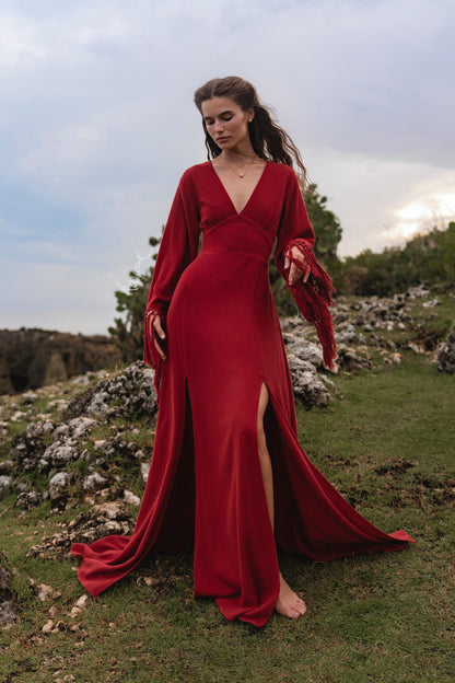 RED GODDESS DRESS • Backless boho maxi dress  • Deep V Priestess Gown • Fringe sleeve evening dress