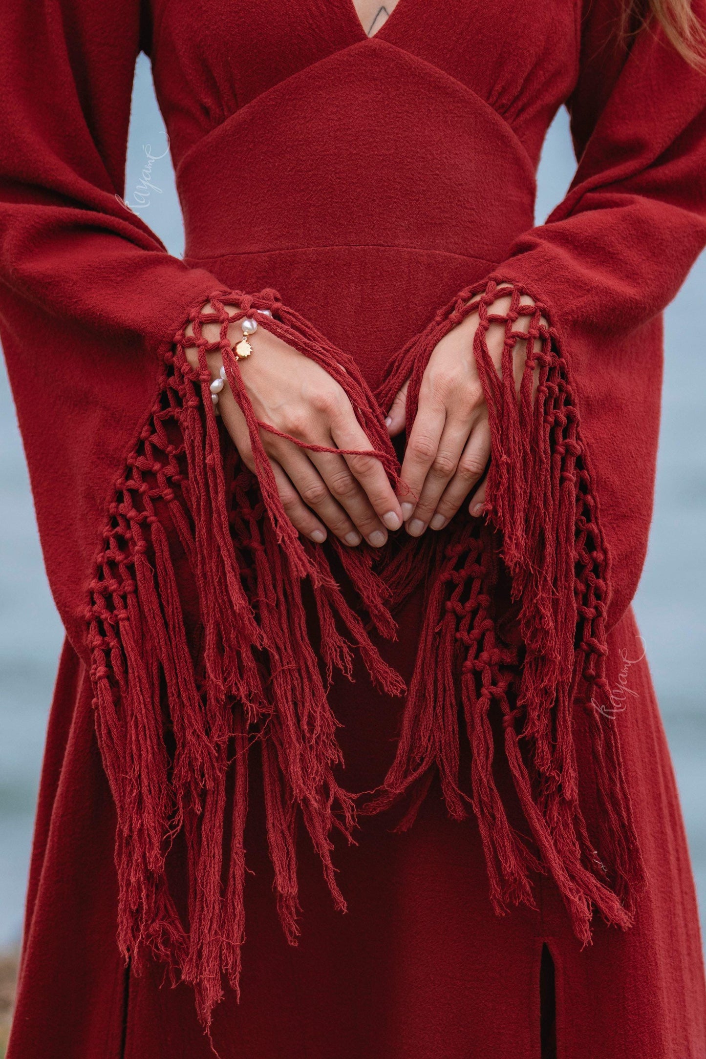 RED GODDESS DRESS • Backless boho maxi dress  • Deep V Priestess Gown • Fringe sleeve evening dress