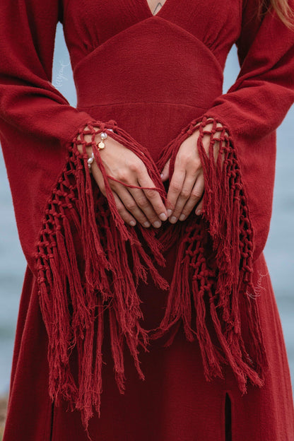 RED GODDESS DRESS • Backless boho maxi dress  • Deep V Priestess Gown • Fringe sleeve evening dress
