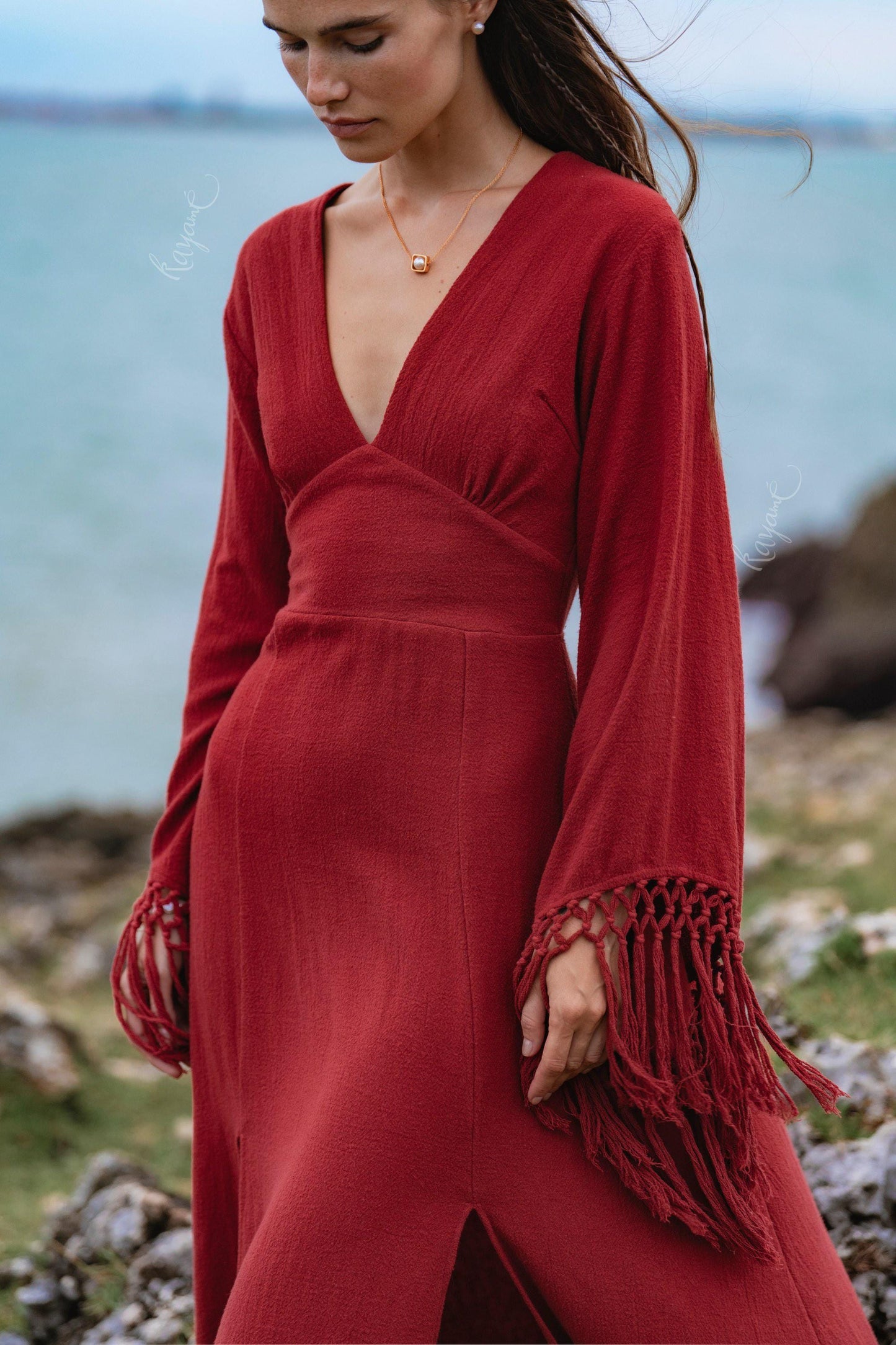 RED GODDESS DRESS • Backless boho maxi dress  • Deep V Priestess Gown • Fringe sleeve evening dress