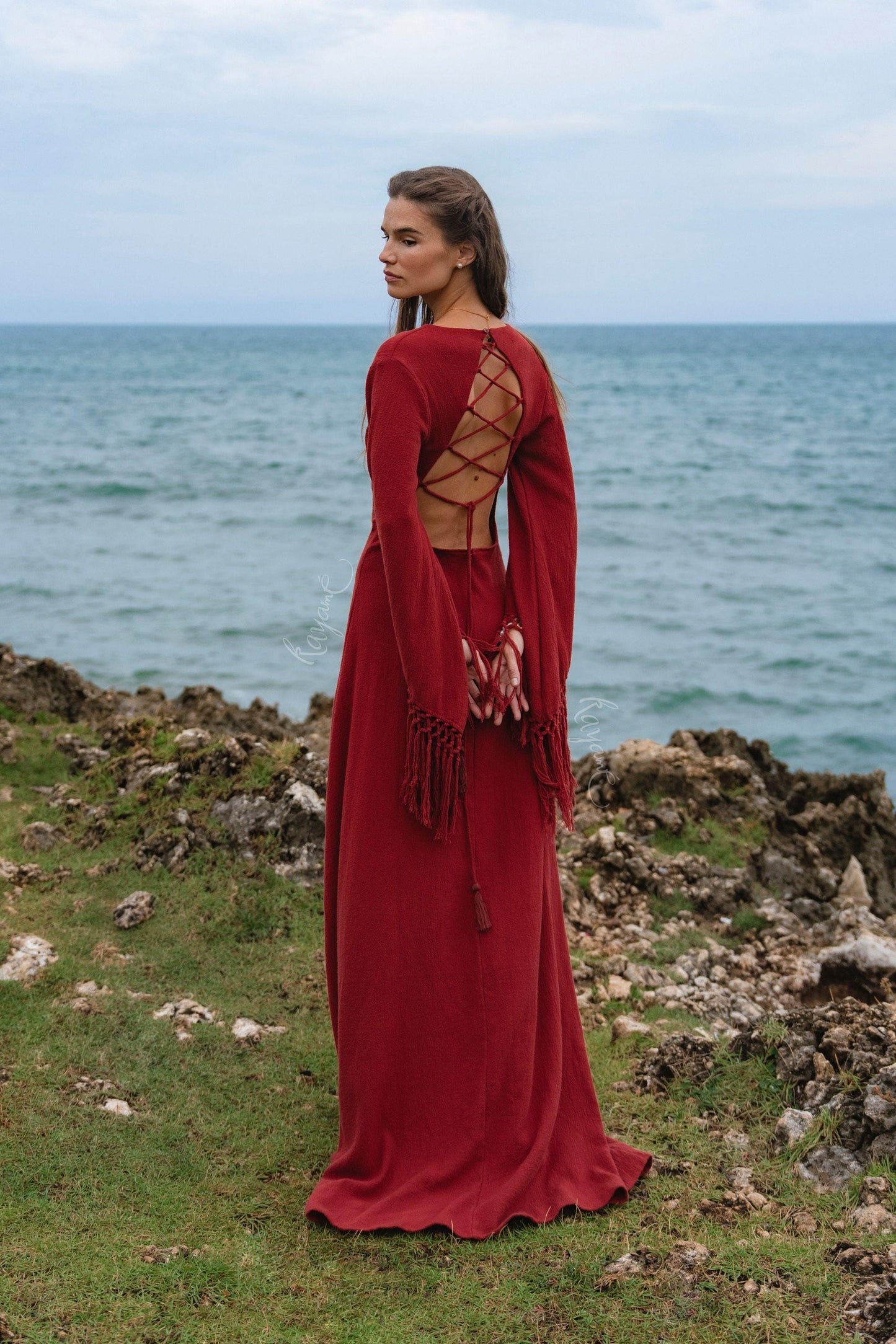 RED GODDESS DRESS • Backless boho maxi dress  • Deep V Priestess Gown • Fringe sleeve evening dress