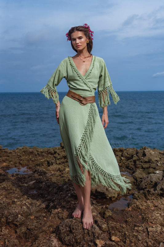 Sage Green Fringe Wrap Midi Dress