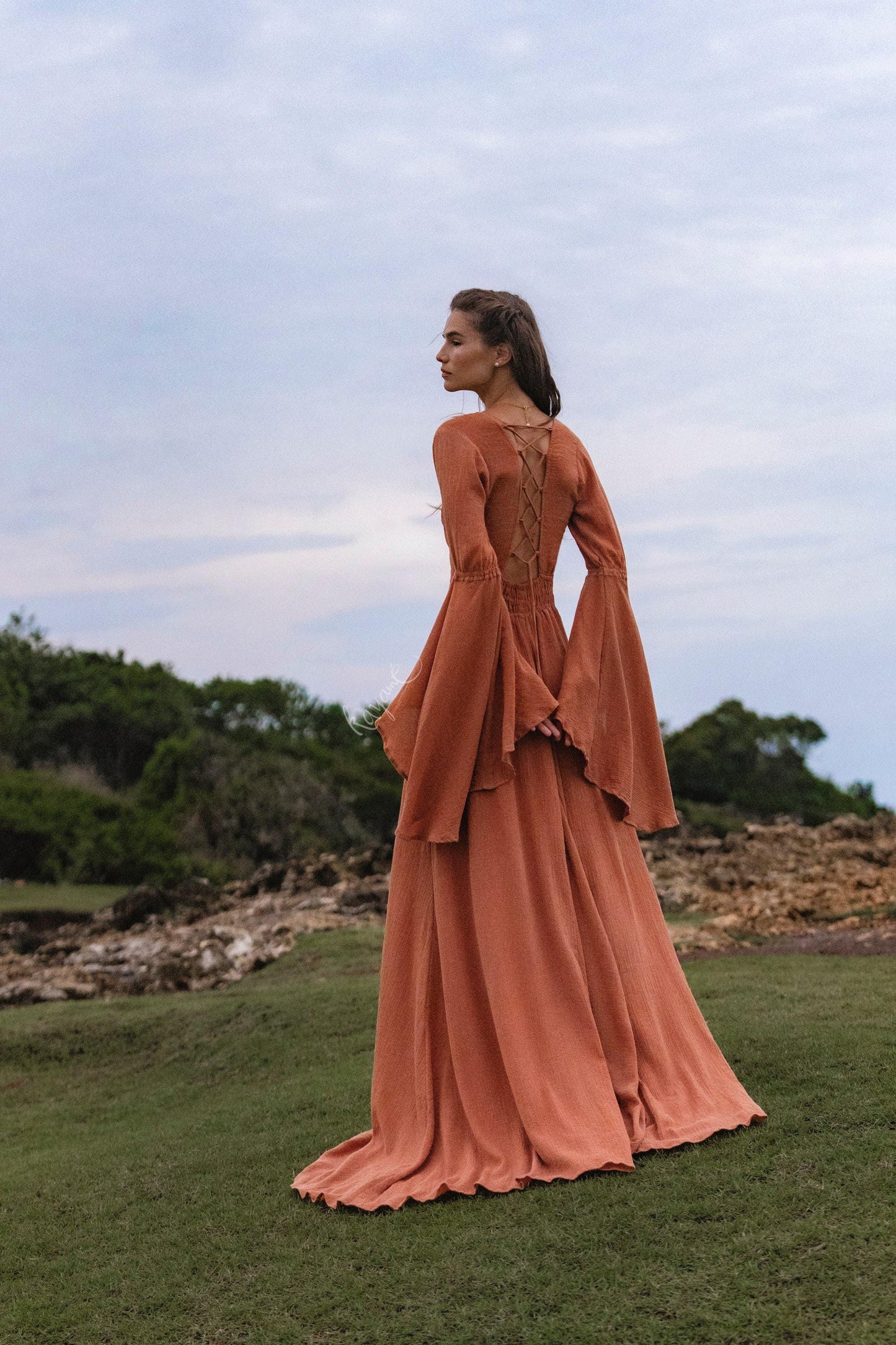 Burnt Orange Bell Sleeve Maxi Dress • Handmade Organic Cotton Button Down Dress •  Boho Bridesmaid Dress • Fairy Elven Prom Dress