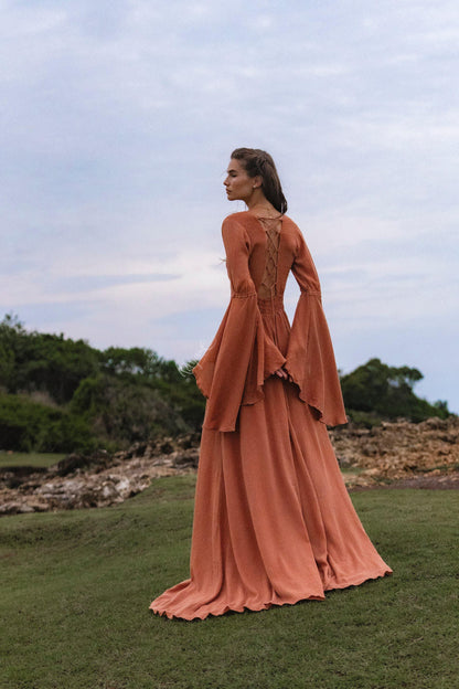 Burnt Orange Bell Sleeve Maxi Dress • Handmade Organic Cotton Button Down Dress •  Boho Bridesmaid Dress • Fairy Elven Prom Dress