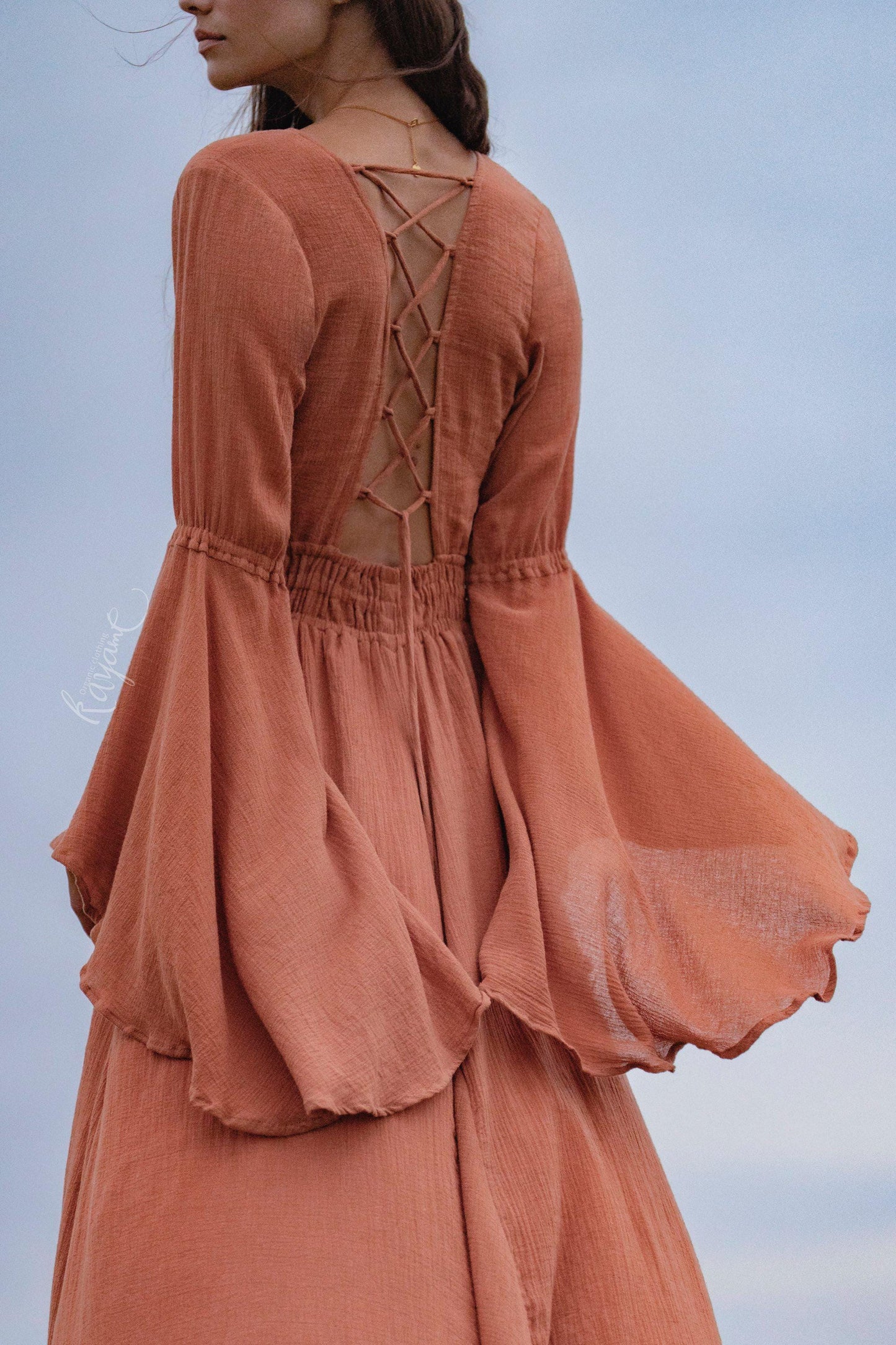 Burnt Orange Bell Sleeve Maxi Dress • Handmade Organic Cotton Button Down Dress •  Boho Bridesmaid Dress • Fairy Elven Prom Dress