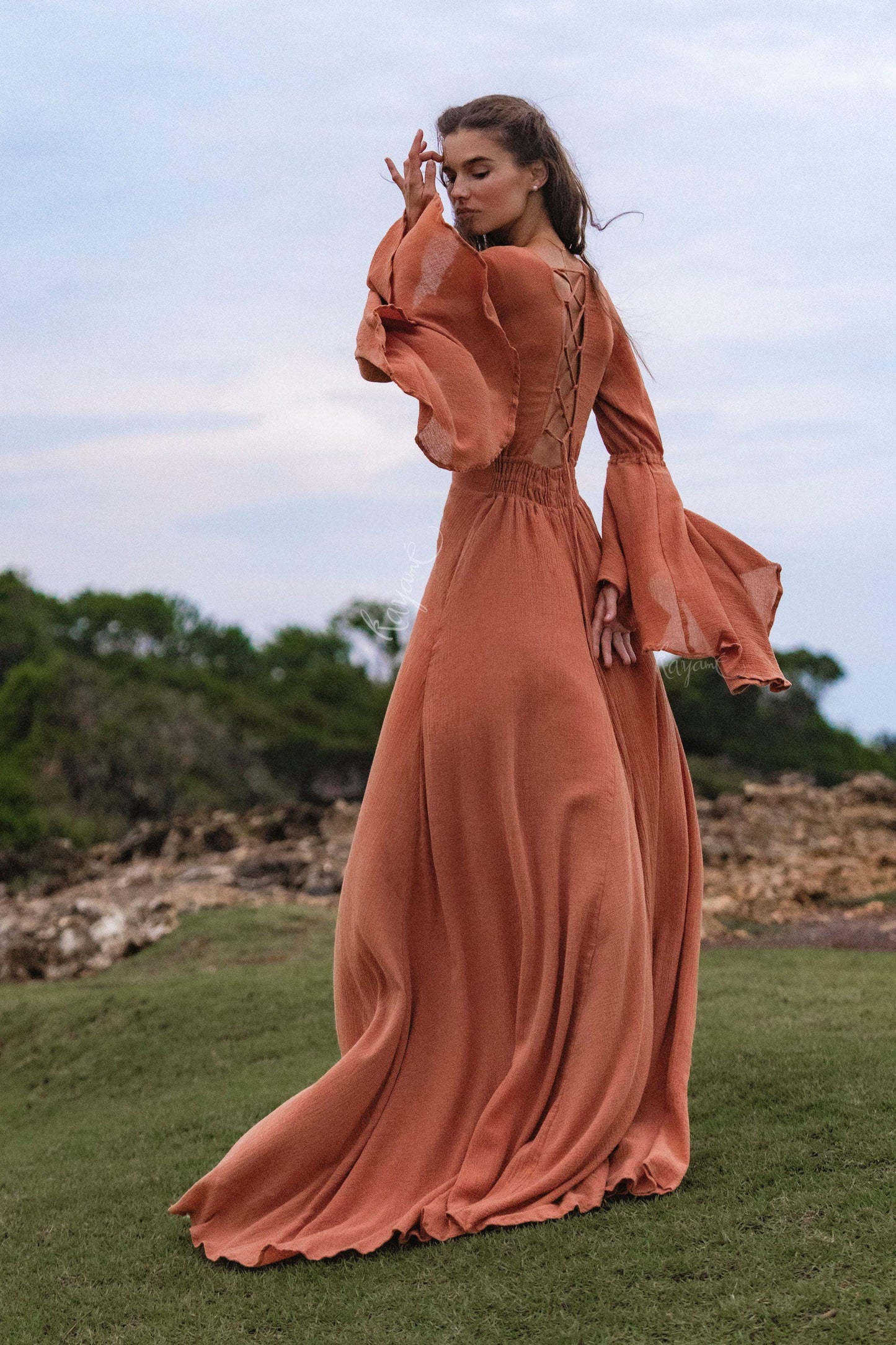Burnt Orange Bell Sleeve Maxi Dress • Handmade Organic Cotton Button Down Dress •  Boho Bridesmaid Dress • Fairy Elven Prom Dress