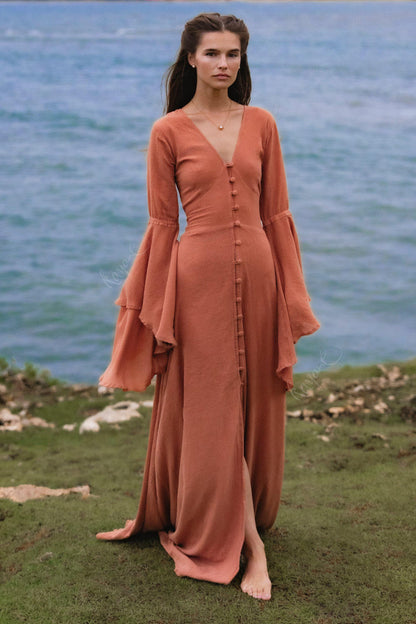 Burnt Orange Bell Sleeve Maxi Dress • Handmade Organic Cotton Button Down Dress •  Boho Bridesmaid Dress • Fairy Elven Prom Dress