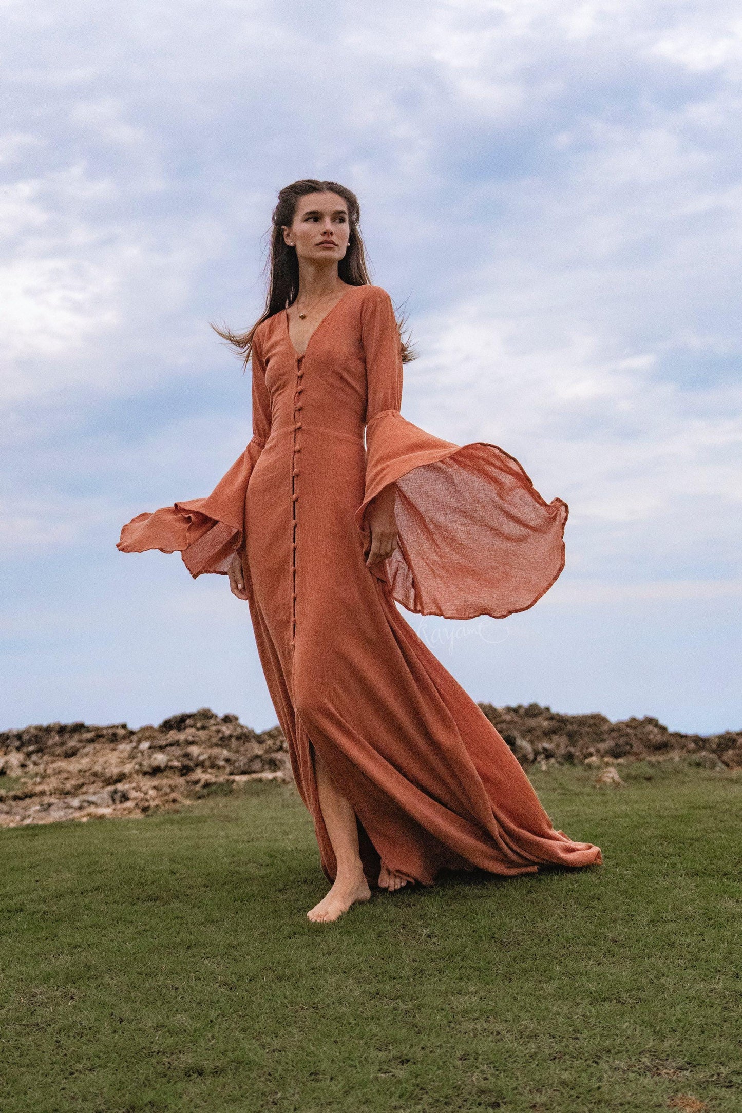 Burnt Orange Bell Sleeve Maxi Dress • Handmade Organic Cotton Button Down Dress •  Boho Bridesmaid Dress • Fairy Elven Prom Dress