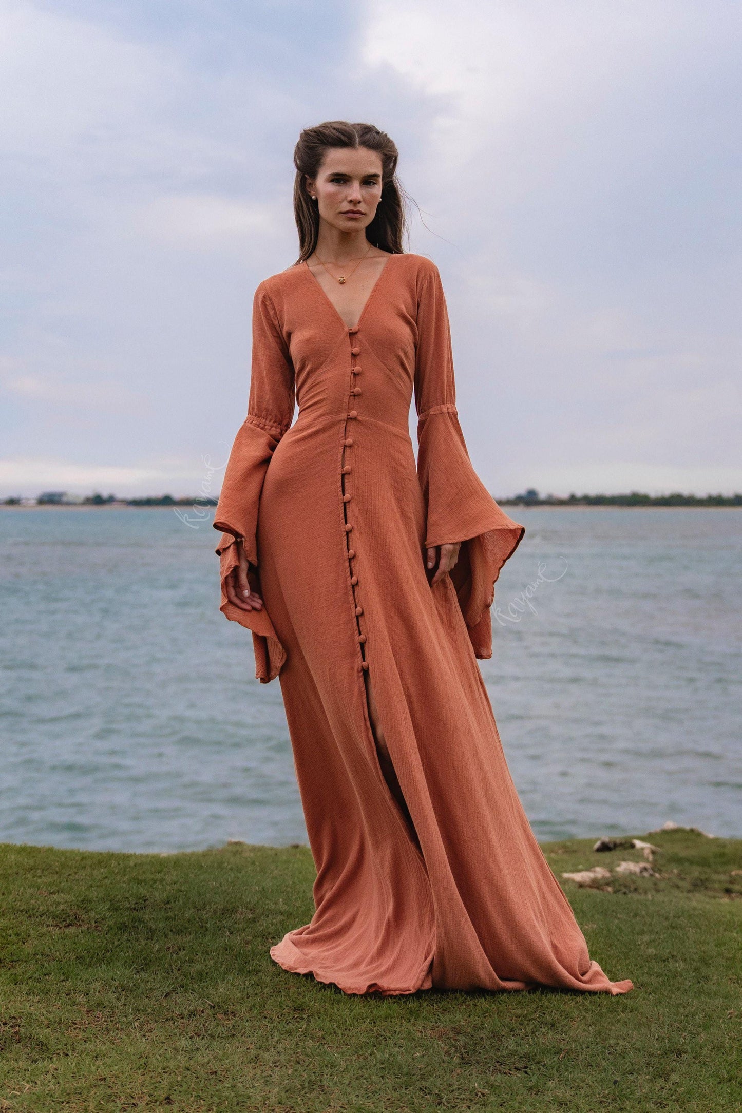 Burnt Orange Bell Sleeve Maxi Dress • Handmade Organic Cotton Button Down Dress •  Boho Bridesmaid Dress • Fairy Elven Prom Dress