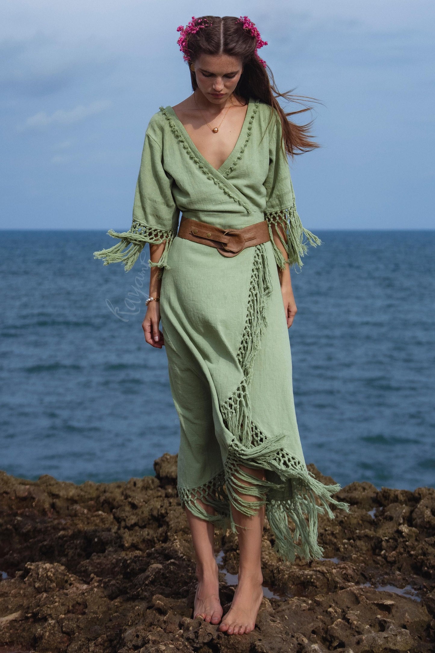 Sage Green Fringe Wrap Dress • Handmade Organic Linen Cotton Boho Midi Dress • Asymmetric Festival Dress • Bali Handmade