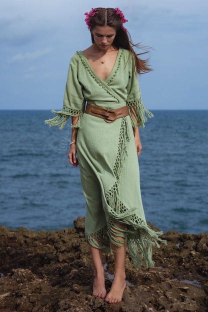 Sage Green Fringe Wrap Dress • Handmade Organic Linen Cotton Boho Midi Dress • Asymmetric Festival Dress • Bali Handmade