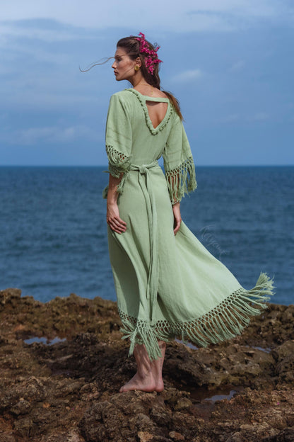 Sage Green Fringe Wrap Dress • Handmade Organic Linen Cotton Boho Midi Dress • Asymmetric Festival Dress • Bali Handmade
