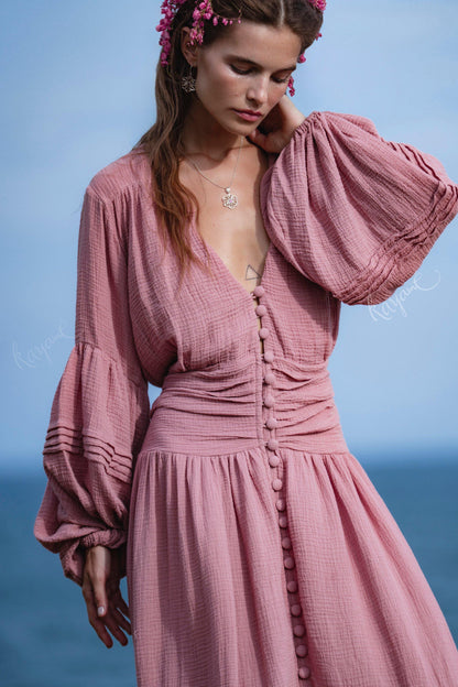 Dusty Rose Puff Sleeve Maxi Dress • Handmade Organic Cotton Gauze Tiered Dress •  Boho Bridesmaid Dress •  Pink Goddess