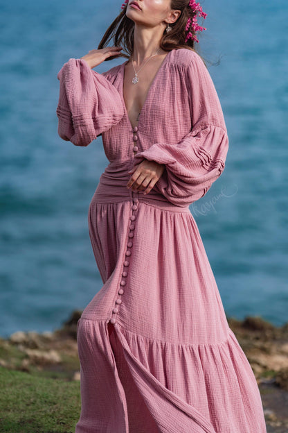 Dusty Rose Puff Sleeve Maxi Dress • Handmade Organic Cotton Gauze Tiered Dress •  Boho Bridesmaid Dress •  Pink Goddess