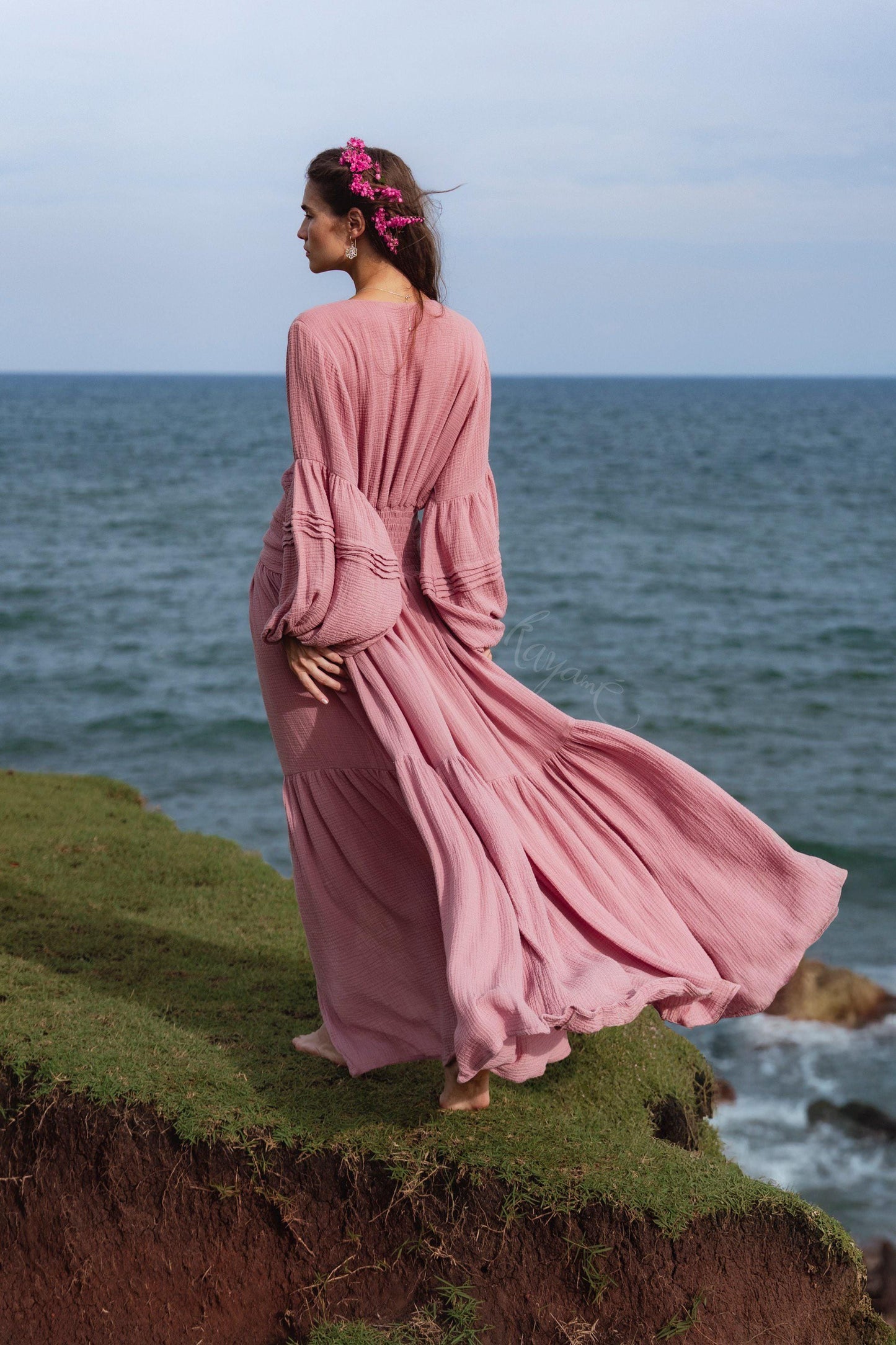 Dusty Rose Puff Sleeve Maxi Dress • Handmade Organic Cotton Gauze Tiered Dress •  Boho Bridesmaid Dress •  Pink Goddess