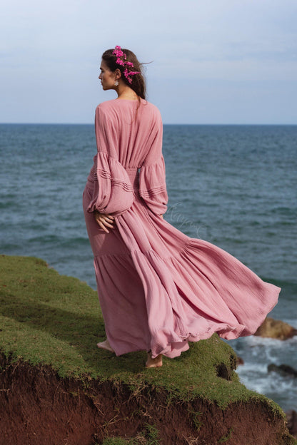 Dusty Rose Puff Sleeve Maxi Dress • Handmade Organic Cotton Gauze Tiered Dress •  Boho Bridesmaid Dress •  Pink Goddess
