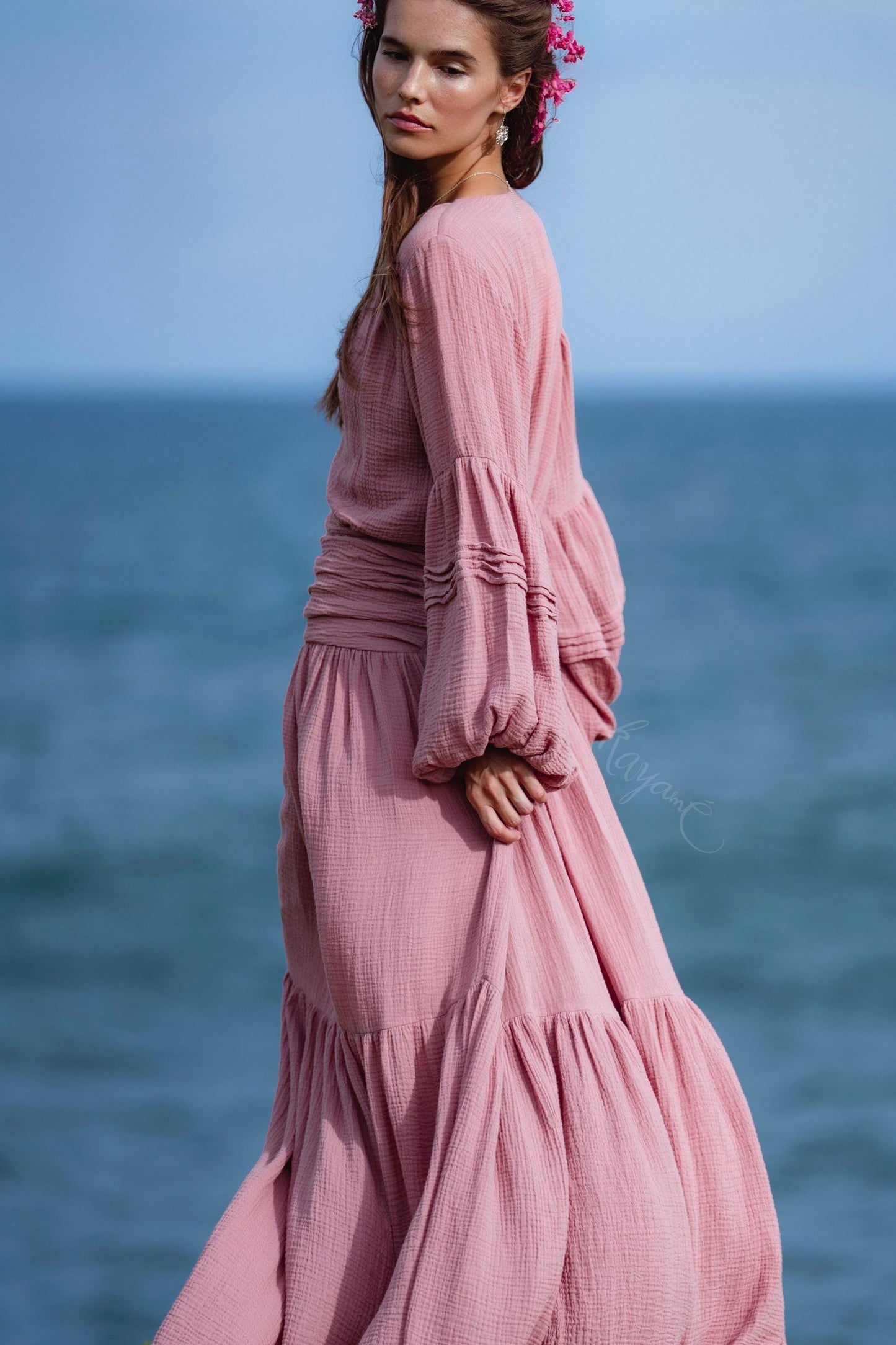 Dusty Rose Puff Sleeve Maxi Dress • Handmade Organic Cotton Gauze Tiered Dress •  Boho Bridesmaid Dress •  Pink Goddess