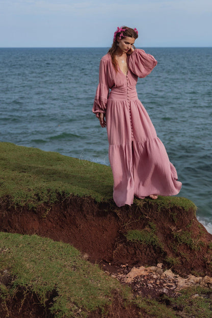 Dusty Rose Puff Sleeve Maxi Dress • Handmade Organic Cotton Gauze Tiered Dress •  Boho Bridesmaid Dress •  Pink Goddess