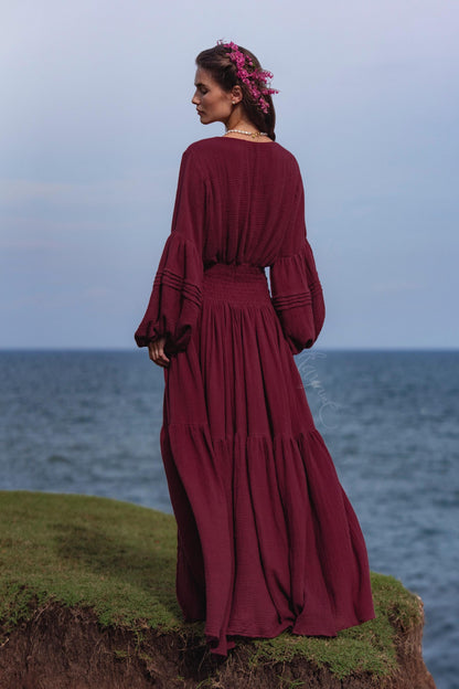 Burgundy Puff Sleeve Maxi Dress • Handmade Organic Cotton Gauze Tiered Dress • Boho Goddess Bridesmaid Dress • Priestess Goddess Dress