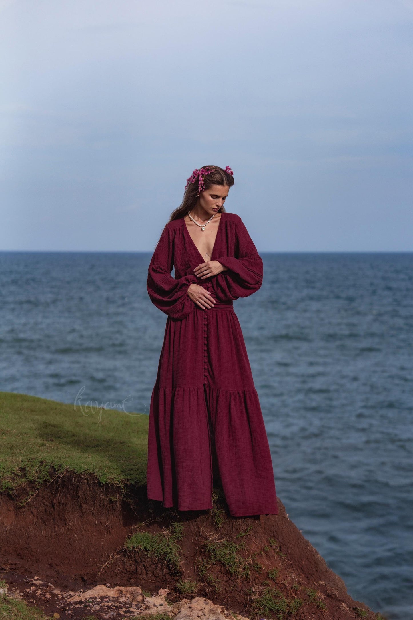 Burgundy Puff Sleeve Maxi Dress • Handmade Organic Cotton Gauze Tiered Dress • Boho Goddess Bridesmaid Dress • Priestess Goddess Dress