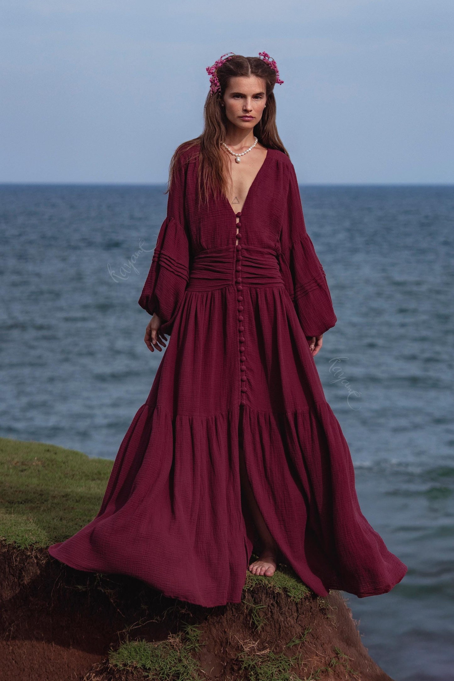 Burgundy Puff Sleeve Maxi Dress • Handmade Organic Cotton Gauze Tiered Dress • Boho Goddess Bridesmaid Dress • Priestess Goddess Dress