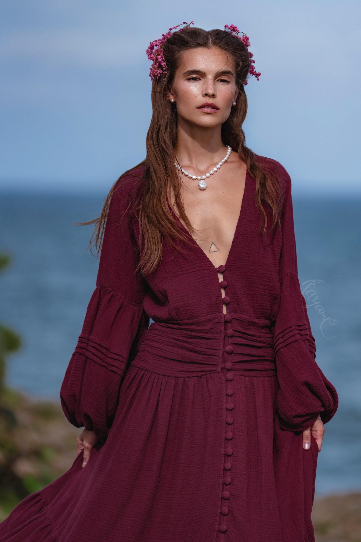 Burgundy Puff Sleeve Maxi Dress • Handmade Organic Cotton Gauze Tiered Dress • Boho Goddess Bridesmaid Dress • Priestess Goddess Dress
