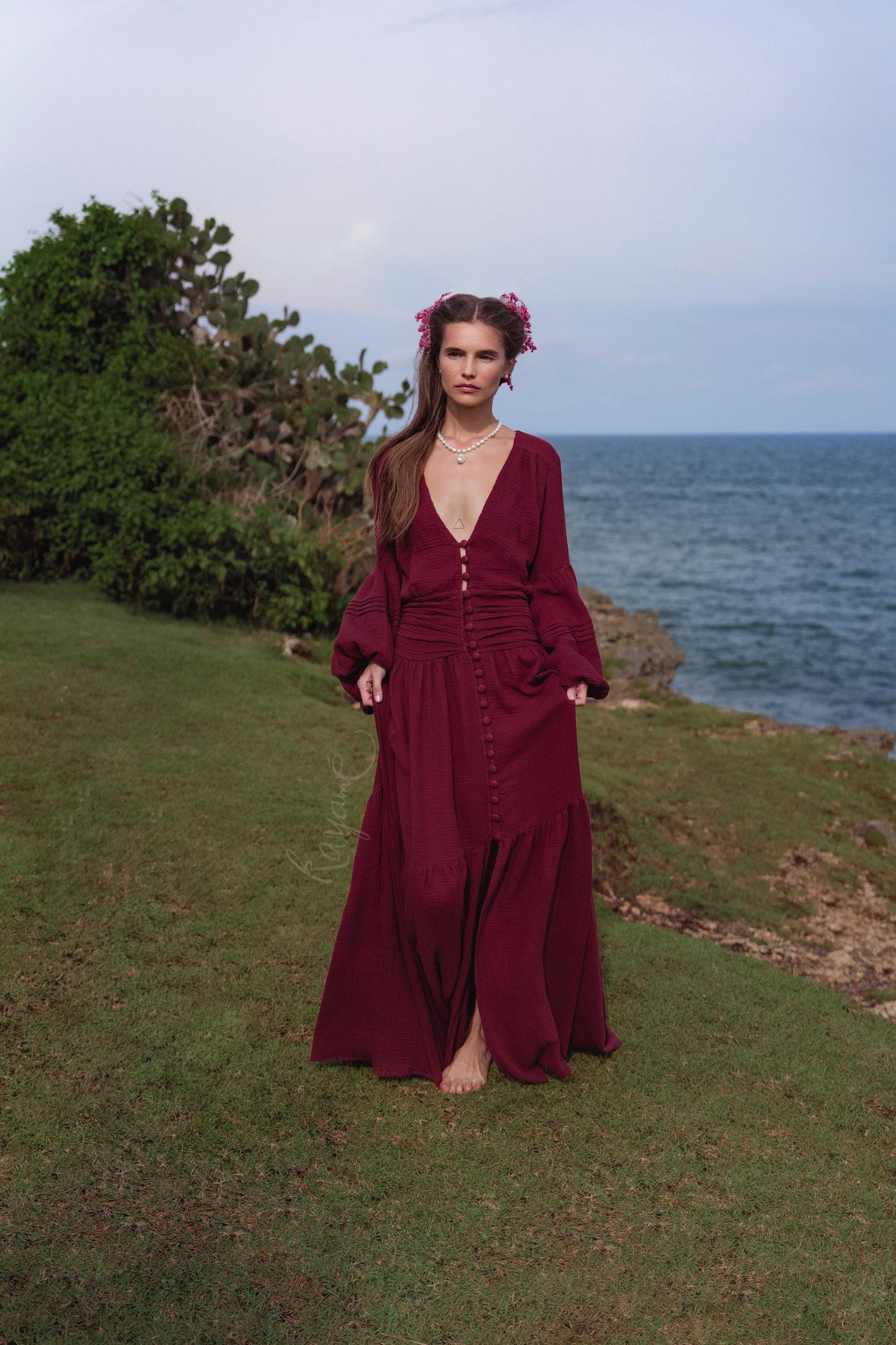 Burgundy Puff Sleeve Maxi Dress • Handmade Organic Cotton Gauze Tiered Dress • Boho Goddess Bridesmaid Dress • Priestess Goddess Dress