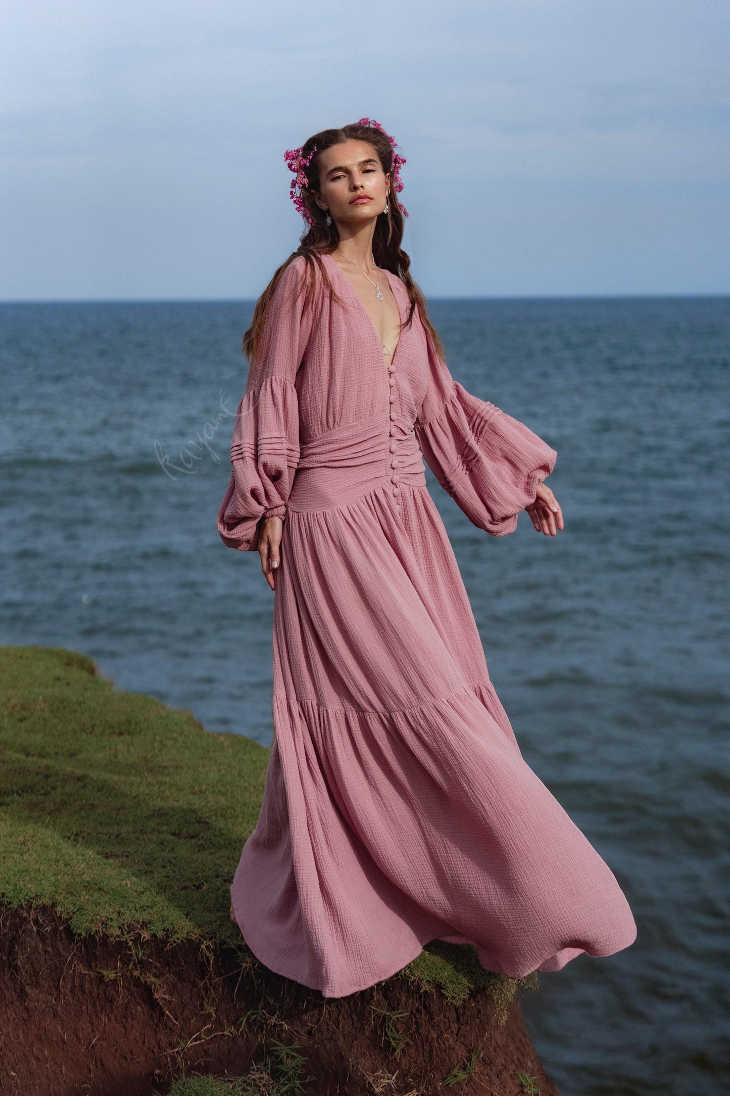 Dusty Rose Puff Sleeve Maxi Dress • Handmade Organic Cotton Gauze Tiered Dress •  Boho Bridesmaid Dress •  Pink Goddess