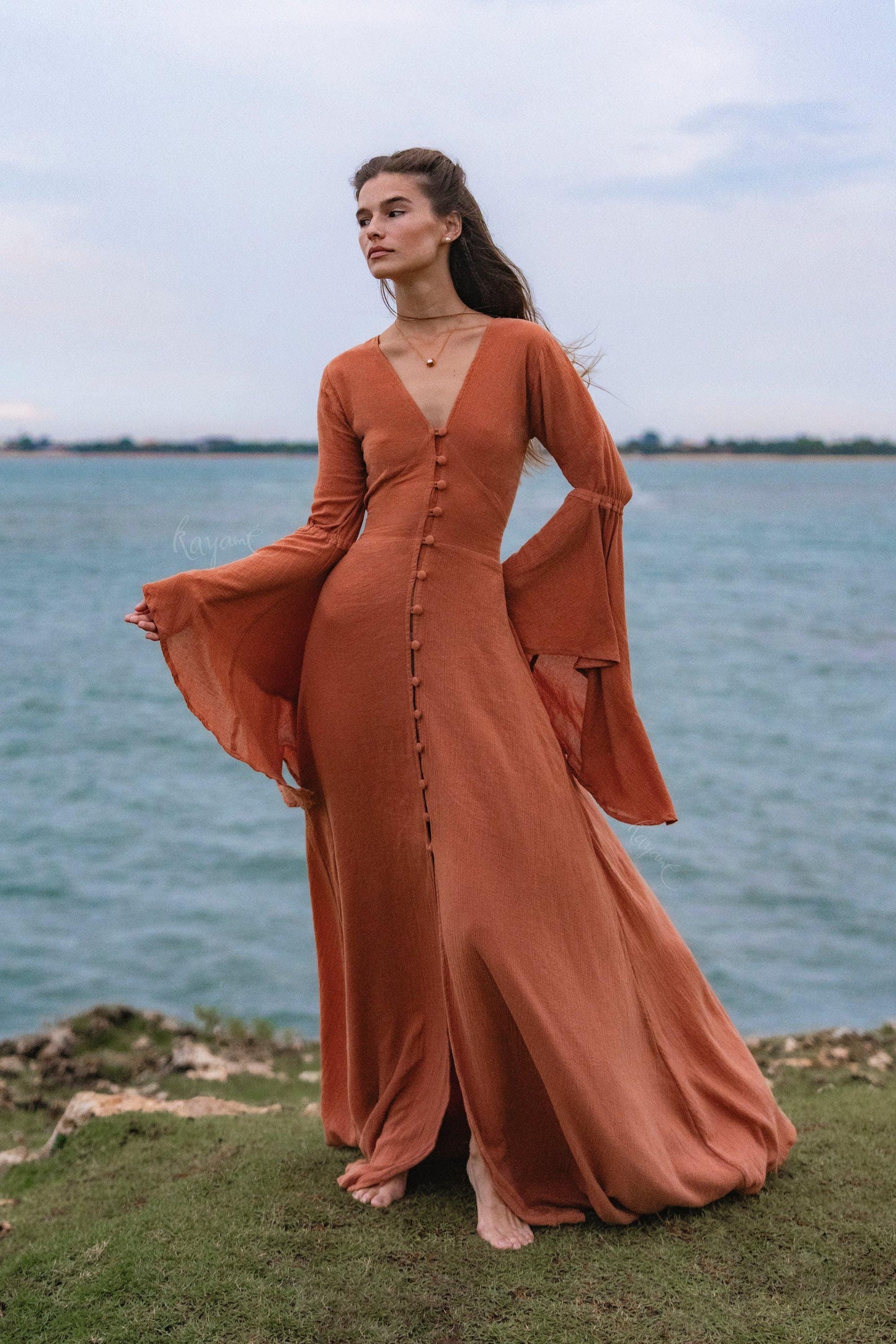 Burnt Orange Bell Sleeve Maxi Dress • Handmade Organic Cotton Button Down Dress •  Boho Bridesmaid Dress • Fairy Elven Prom Dress