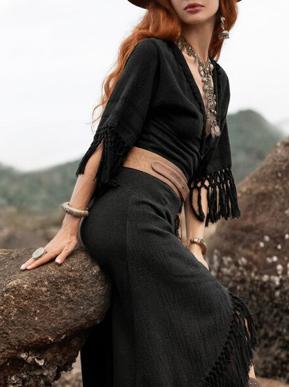 Black Fringe Wrap Dress • Handmade Organic Cotton Boho Midi Dress • Hand Dyed Tassel Dress • Witchy Festival Dress • Bali Handmade
