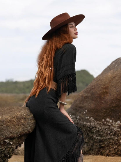 Black Fringe Wrap Dress • Handmade Organic Cotton Boho Midi Dress • Hand Dyed Tassel Dress • Witchy Festival Dress • Bali Handmade
