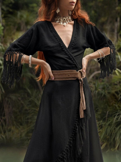 Black Fringe Wrap Dress • Handmade Organic Cotton Boho Midi Dress • Hand Dyed Tassel Dress • Witchy Festival Dress • Bali Handmade