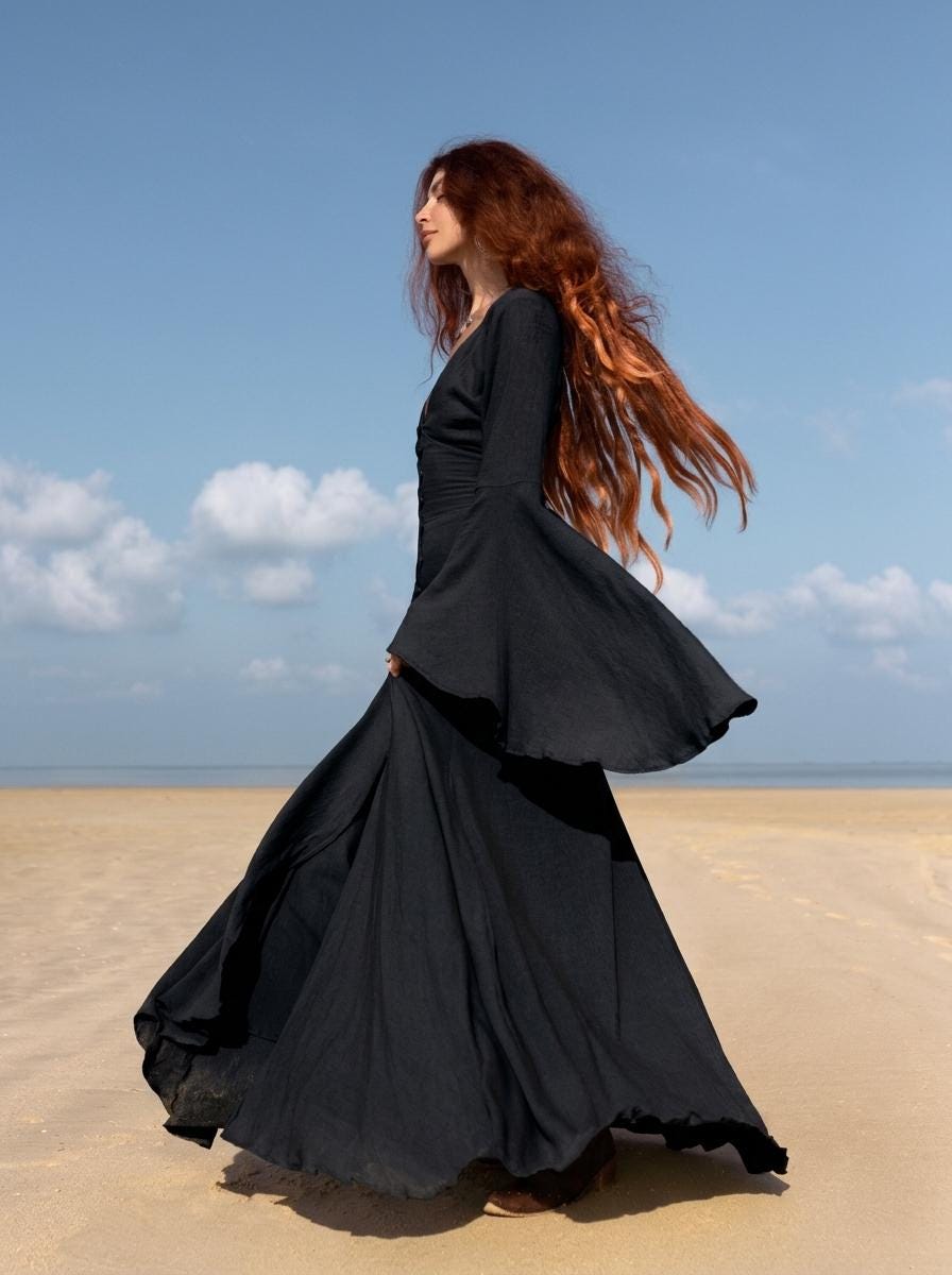 Black Elven Dress • Witchy Goddess Gown • Bell Sleeve Boho Maxi Dress • Medieval Fairy Dress • Black Prom Dress • Organic Cotton