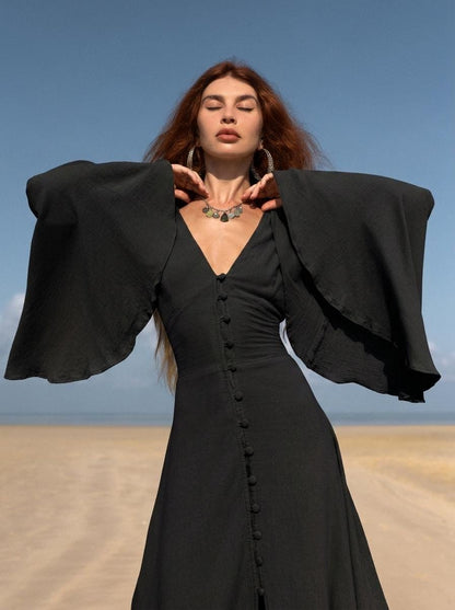 Black Elven Dress • Witchy Goddess Gown • Bell Sleeve Boho Maxi Dress • Medieval Fairy Dress • Black Prom Dress • Organic Cotton