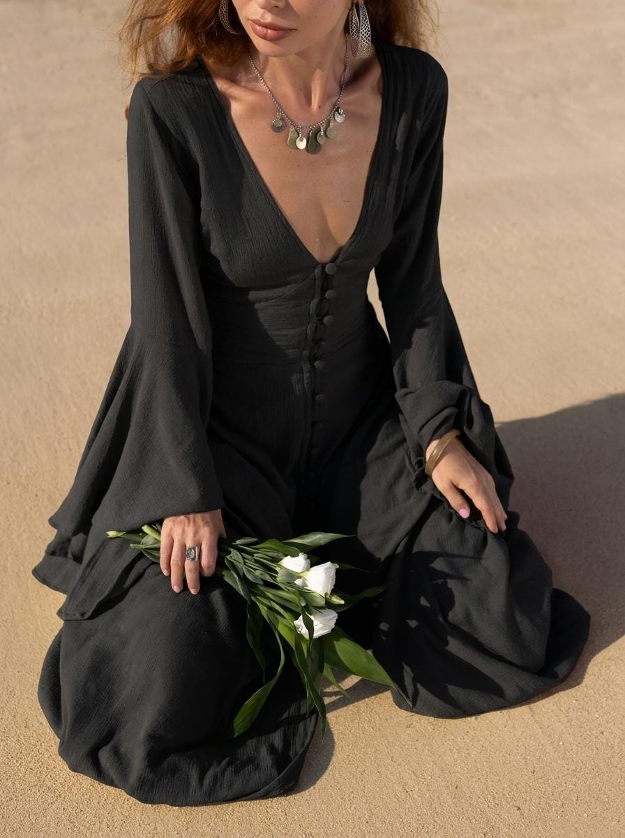 Black Elven Dress • Witchy Goddess Gown • Bell Sleeve Boho Maxi Dress • Medieval Fairy Dress • Black Prom Dress • Organic Cotton