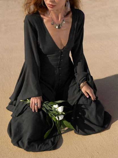Black Elven Dress • Witchy Goddess Gown • Bell Sleeve Boho Maxi Dress • Medieval Fairy Dress • Black Prom Dress • Organic Cotton
