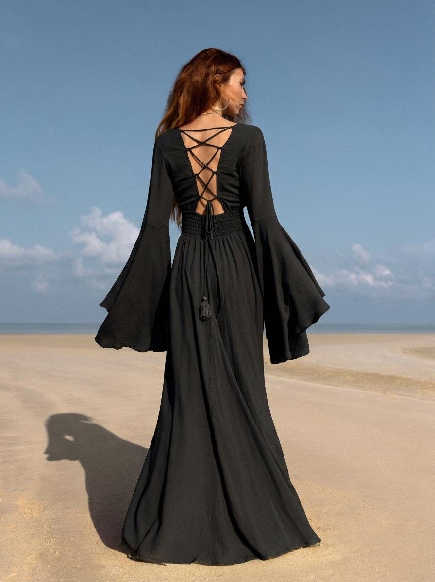 Black Elven Dress • Witchy Goddess Gown • Bell Sleeve Boho Maxi Dress • Medieval Fairy Dress • Black Prom Dress • Organic Cotton