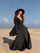 Black Elven Dress: Witchy Bell Sleeve Goddess Gown