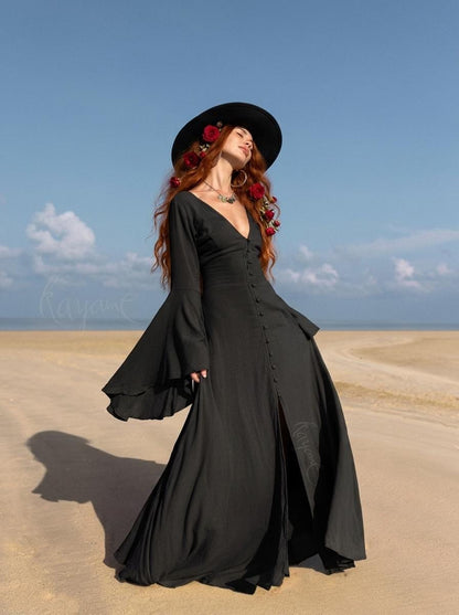 Black Elven Dress • Witchy Goddess Gown • Bell Sleeve Boho Maxi Dress • Medieval Fairy Dress • Black Prom Dress • Organic Cotton