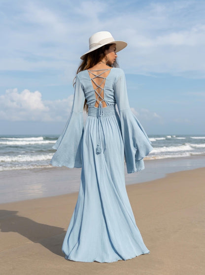 Sky Blue Elven Dress: Bell Sleeve Boho Fairy Gown