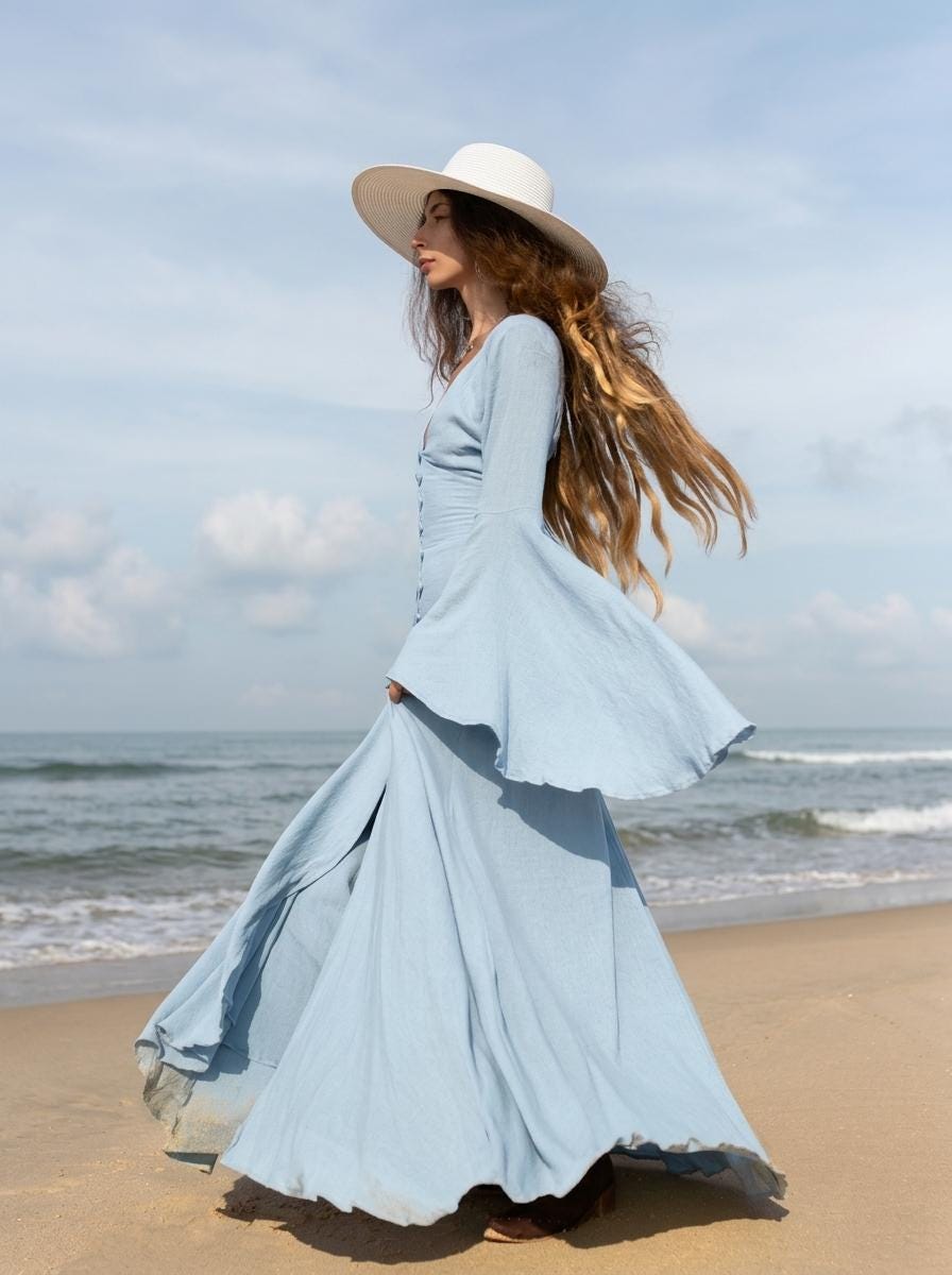 Sky Blue Elven Dress: Bell Sleeve Boho Fairy Gown