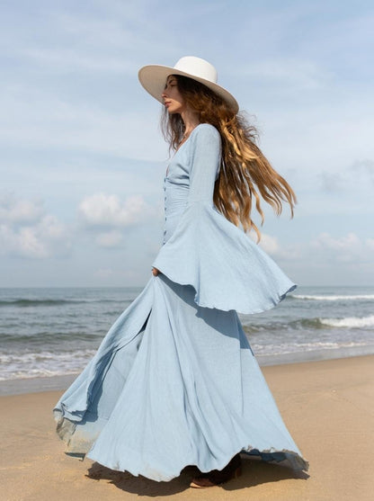 Sky Blue Elven Dress: Bell Sleeve Boho Fairy Gown