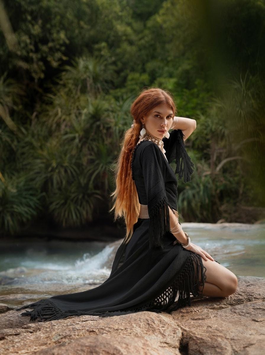Black Fringe Wrap Dress • Handmade Organic Cotton Boho Midi Dress • Hand Dyed Tassel Dress • Witchy Festival Dress • Bali Handmade