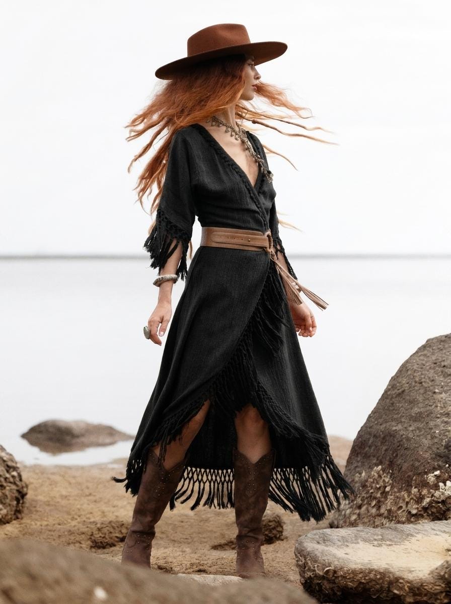 Black Fringe Wrap Dress • Handmade Organic Cotton Boho Midi Dress • Hand Dyed Tassel Dress • Witchy Festival Dress • Bali Handmade